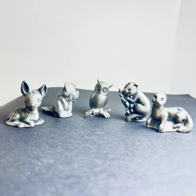 Lot 5 Pewter Animals Figurine Vintage Owl Beaver Otter Ferret Deer Fawn Possum