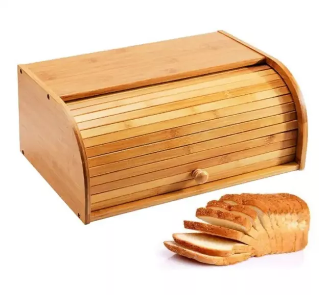 Wooden Bread Box Apollo Roll Top Bin Storage Loaf Kitchen Large Natural Bamboo