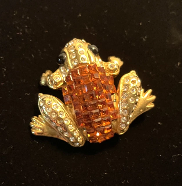 Rhinestine Frog Brooch Pin Clear & Brown on Gold Tone  1.5”