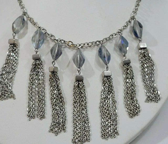 Signed Charming Charlie Silver Tone Tassels Chain Blue Crystals BIB Necklace