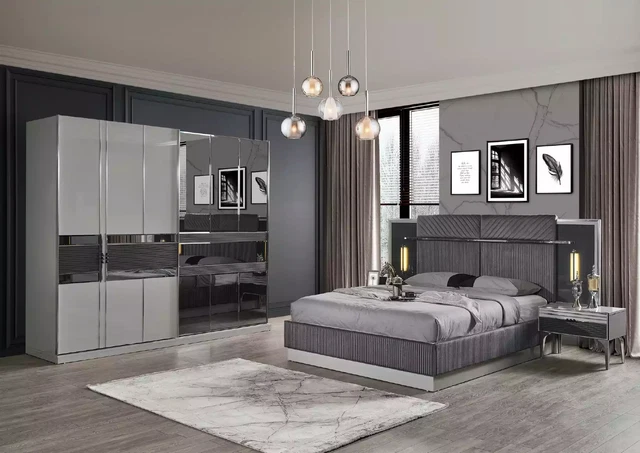 Muebles de dormitorio juego de lujo cama doble mesitas de noche armario