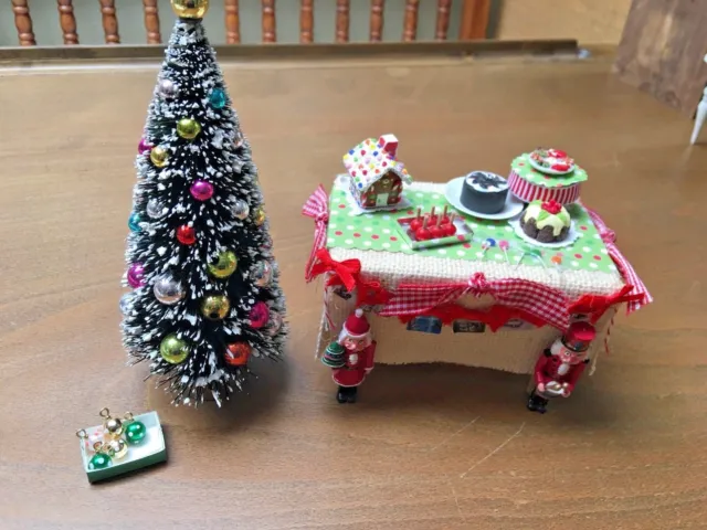 OOAK Christmas Table set Tree Ornaments Dollhouse Miniatures