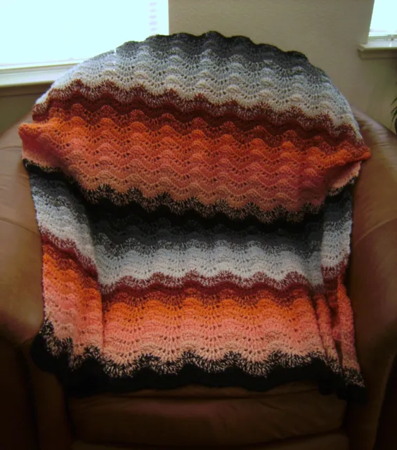 New Hand Crochet Orange Black Multi Color Afghan Throw Lap Blanket Hand Made