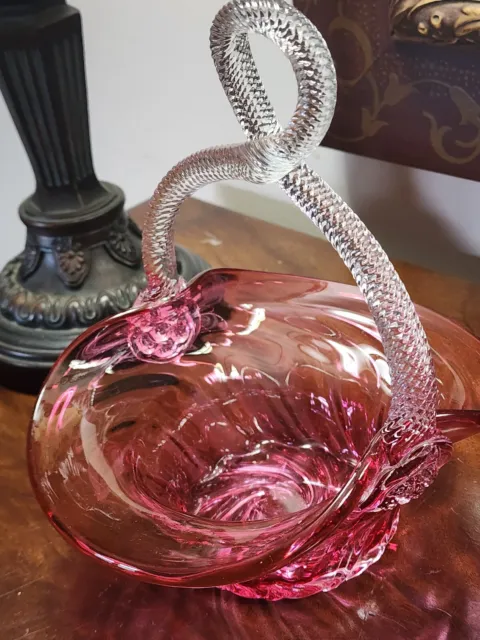 Rossi Glass Cranberry Pink Art Glass Basket Vintage  Candy Dish