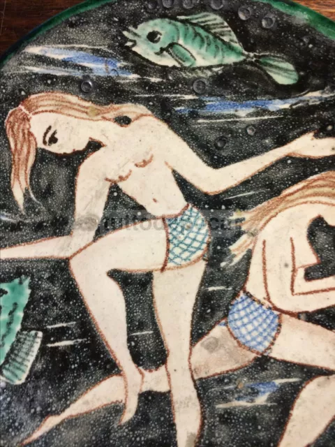 Arte-Artistica Ceramica-Scena Con Bagnanti E Pesci-Mare-Vietri-Avallone-D'epoca