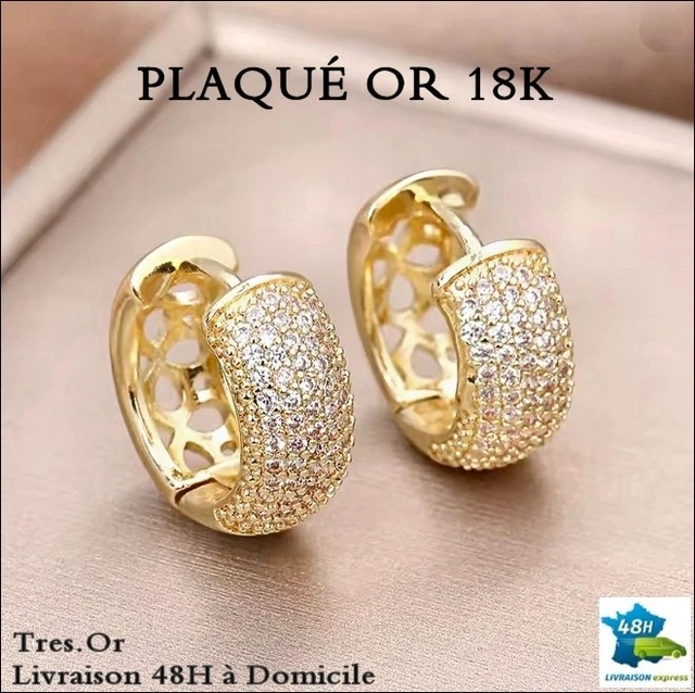 Boucles D'oreilles Créoles Plaquées Or - Motif Ajouré Rond Avec Zircon - Neuves Avec étiquettes