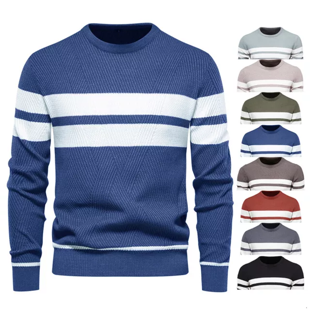 Men's Sweaters Knitted Striped Jumper Pullover Long Sleeve Crew Neck Cozy New @