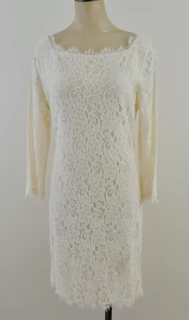 DIANE VON FURSTENBERG ZARITA Sz 10 Ivory Floral Lace Detail 3/4 Sleeve Dress EXC