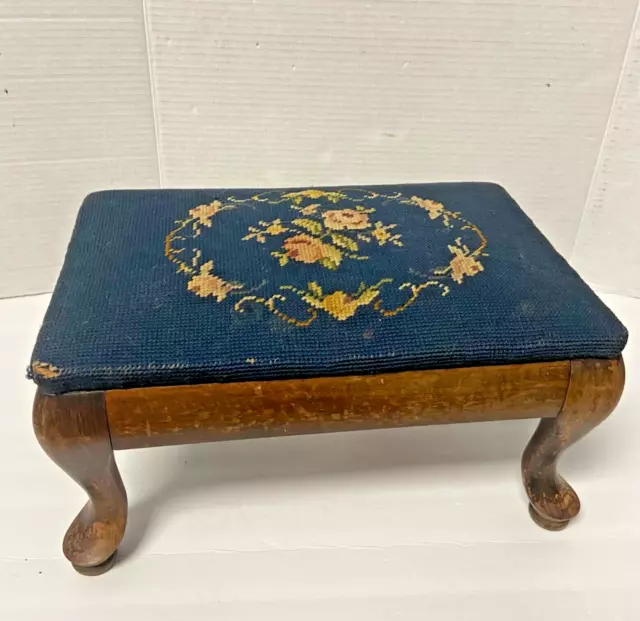 Antique NeedlePoint Wood Footstool.