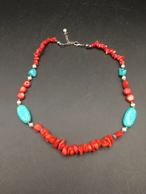 VINTAGE N.Y.F RED Coral Blue Turquoise Bead Necklace 20 Inch + 3 ...