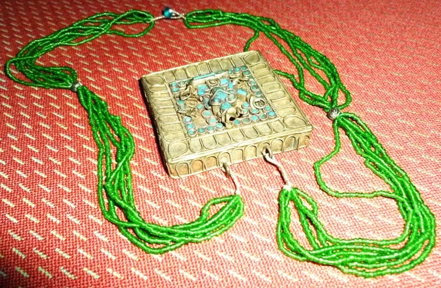 Collier Ethnique Ancien Ashanti - Pâte De Verre Bleu Et Bronze - Ghana