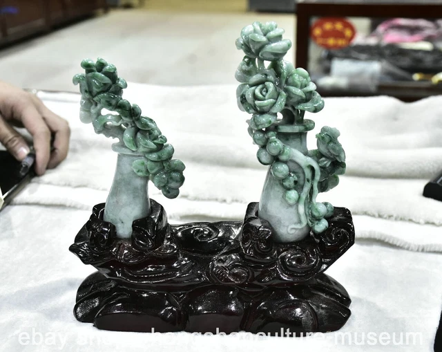 8" Myanmar Natural Emerald ice Jadeite Feng Shui Flower Bird Bottle Vase Statue