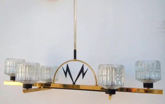 Lustre moderniste laiton metal laque verre taille Arlus Lunel 1950 lustre 6 feux