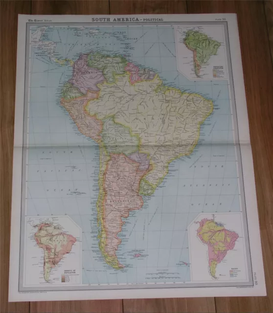 1922 Map Of South America / Races / Brazil Argenina Chile Ecuador Colombia