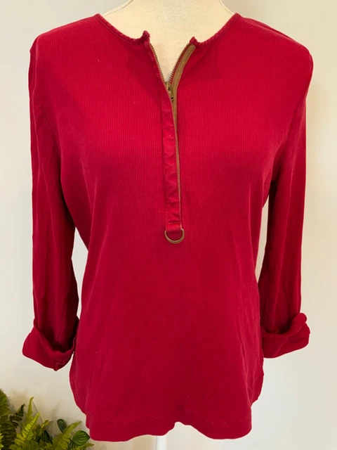 Vintage LAUREN RALPH LAUREN Womens Size Large Red 3/4 Roll Sleeve 1/4 Zip Top