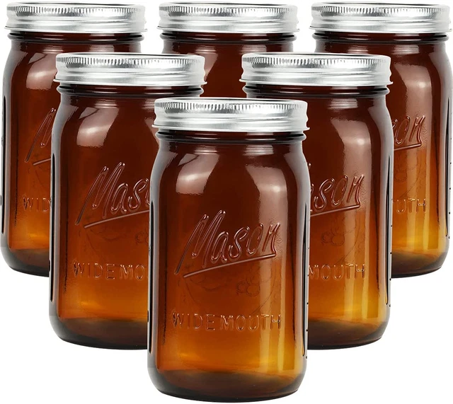 AMBER GLASS MASON Jars 32 Oz Wide Mouth with Airtight Lids and Bands 6