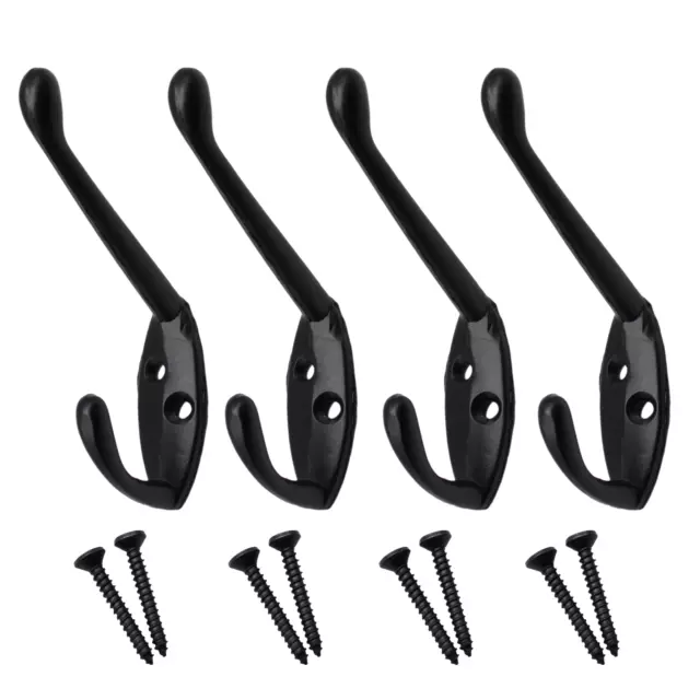 Coat Hooks Black **Pack 4** Robe Double Wall Door Hall Cupboard Clothes Hanger