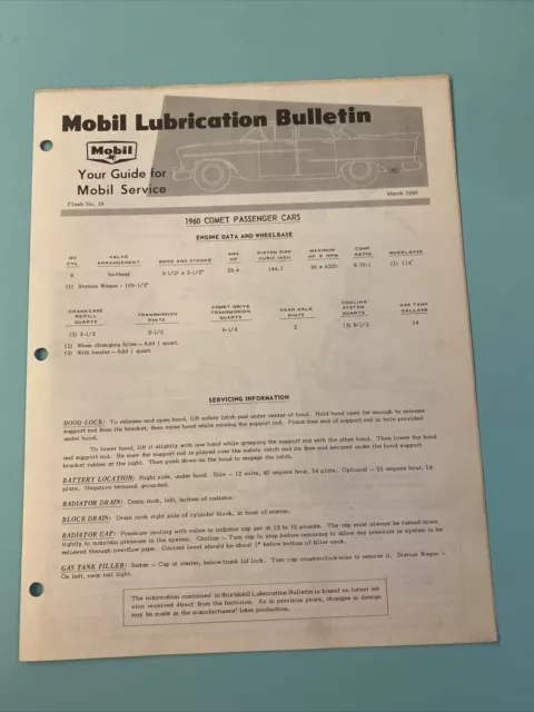 1960 Mobil Oil  Lubrication Bulletin Comet Passenger Cars Spec Sheet