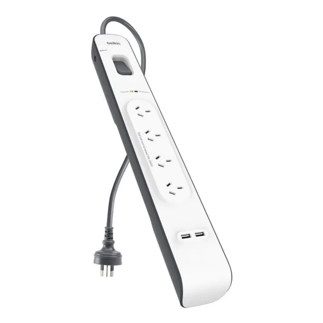 Belkin 2M 4 Way Power Board Outlet Surge Protector 2.4A 2 USB Ports Charger