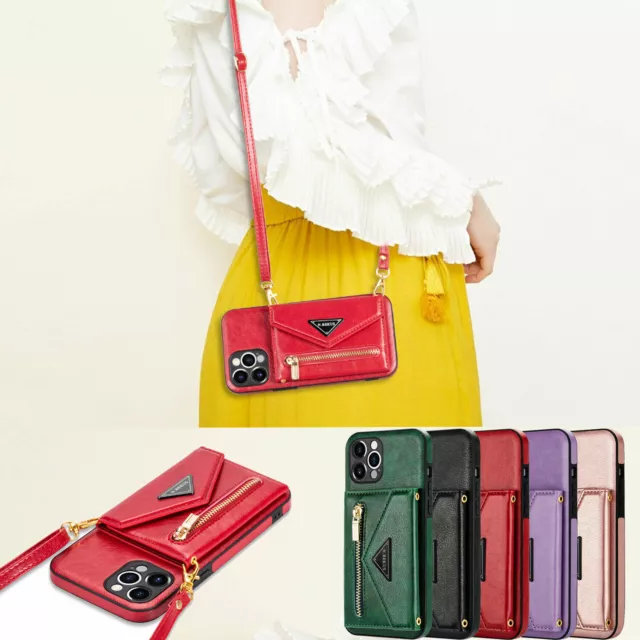 For iPhone 14 13 12 11 Pro Max XS Leather Wallet Crossbody Strap Stand Case Zip