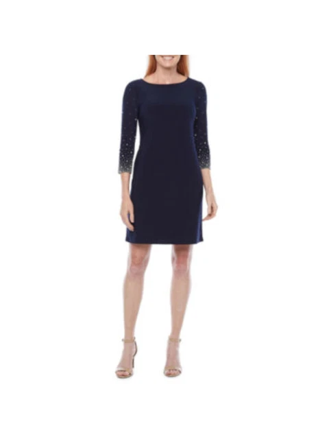 PISARRO NIGHTS Womens Navy Pull Over Style 3/4 Sleeve Sheath Dress Petites PS