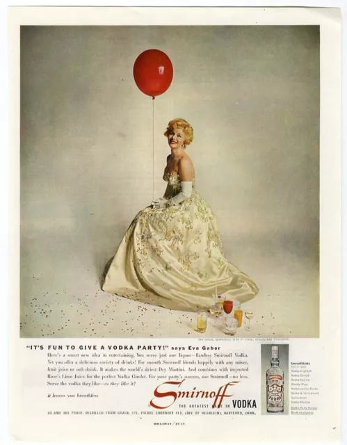 Eva Gabor SMIRNOFF VODKA Party 1959 Ad Movie Star Dry Martini Gimlet BAR ART