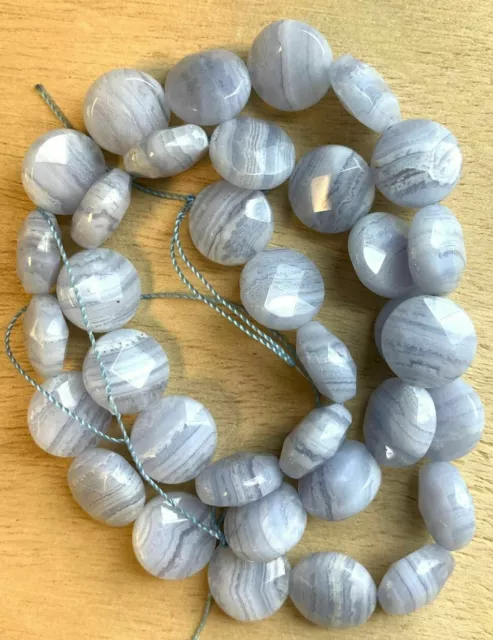 One 16" Strand Genuine Faceted Blue Lace Agate Beads - 12mm Round Coin Beads