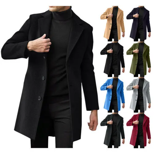 Mens Woolen Trench Coats Winter Lapel Long Jacket Blazer Fomal Outwear Overcoat