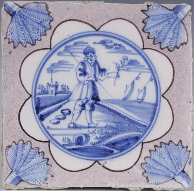 Nice Dutch Delft manganese and blue tile, shepherd, 18th century.