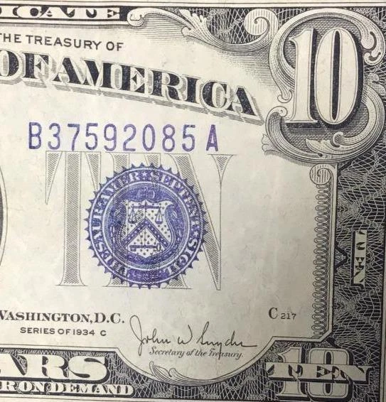 1934C $10 "Blue TEN" SILVER Certificate X2085! Very Fine! Nice! Old US Currency!