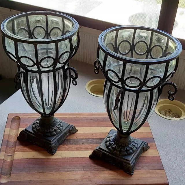 Leaded Framed Incense Vases Antique Gothic Style Hand Blown Parlor Glass Bronze