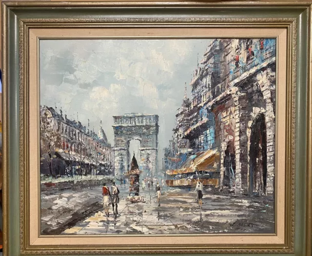 L Basset Signed Arc de Triomphe Paris Street Scene post-impressionist Oil Painti