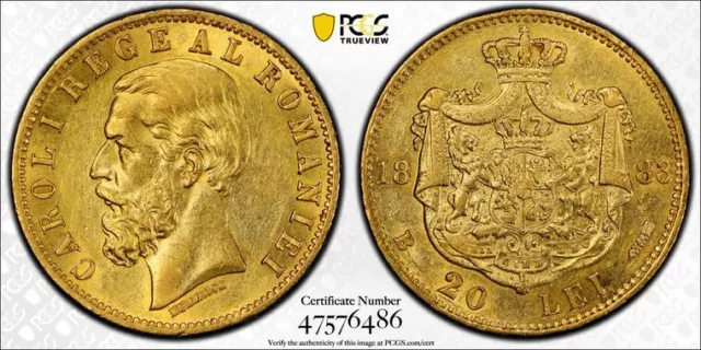 Romania gold 20 lei 1883 B about uncirculated PCGS AU58