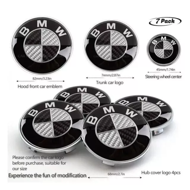 7  LOGO Emblème BMW Noir Gri Capot 82mm + Coffre 74mm +Volant+ 4cache moyeu 68mm