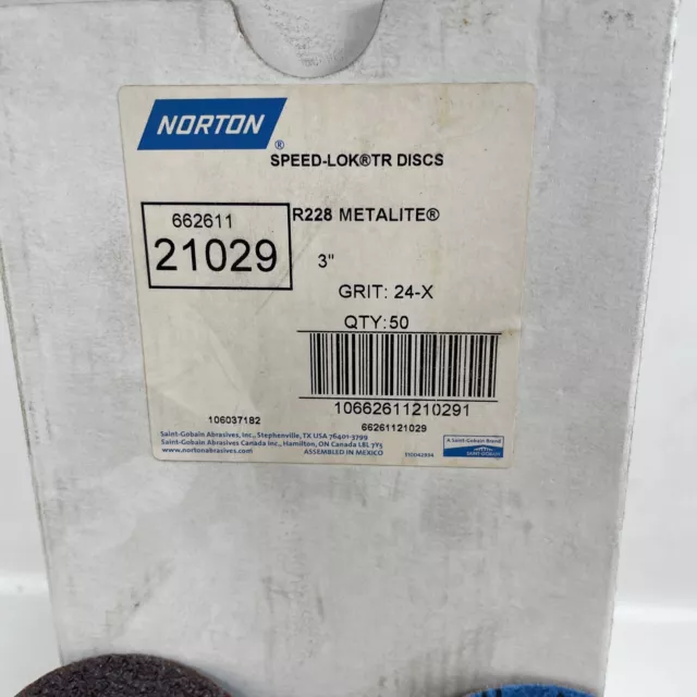 NORTON 662611 21029, R228 Metalite 3" 24-X Grit Speed-Lok Discs, Box of 50, New 3