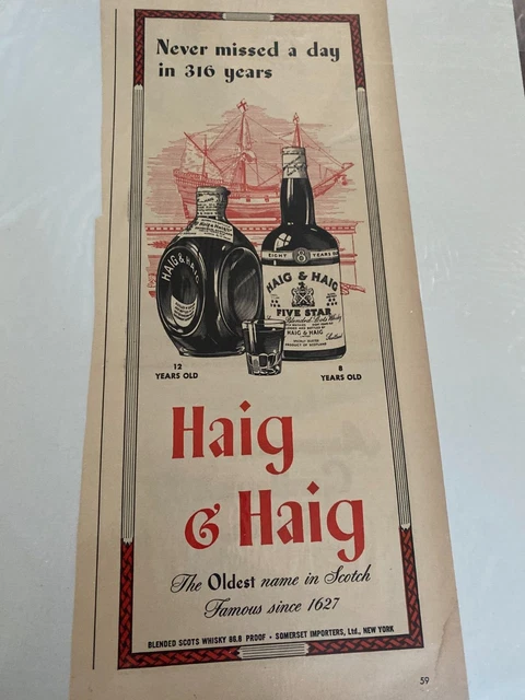 Vintage 1943 Haig & Haig Whiskey Never Missed A Day In 316 Years ad