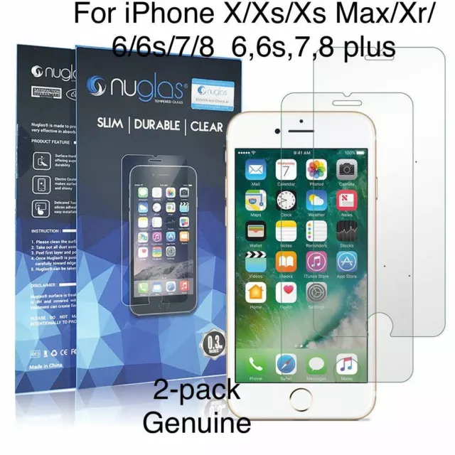 2XGenuine NUGLAS Tempered Glass Screen Protector Apple iPhone X XS Max 8 7 6Plus