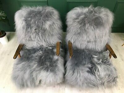 Vintage Art Deco Grey Fluffy Furry Sheepskin Bentwood Armchairs Chairs set of 2 3