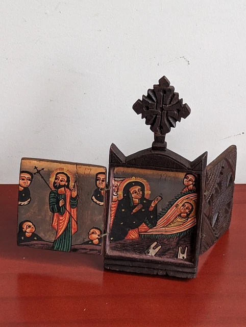 Antique Ethiopian Orthodox Double Sided Wood Biblical Icon Hand Painted, Africa
