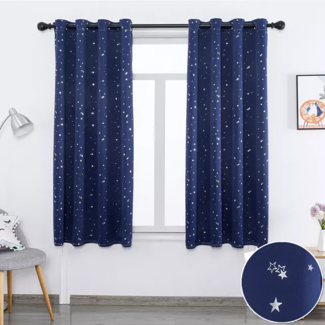 Star Curtains Drapes Eyelets for Kids Boys Bedroom Living Room Navy Blue Curtain
