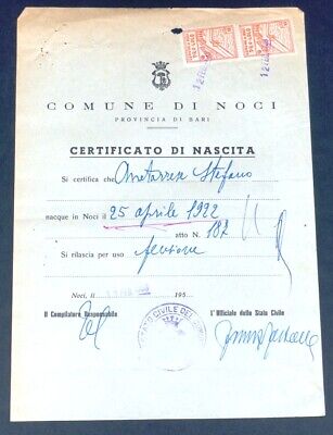 Italy Birth Certificate w/Local Revenue Stamps 1959