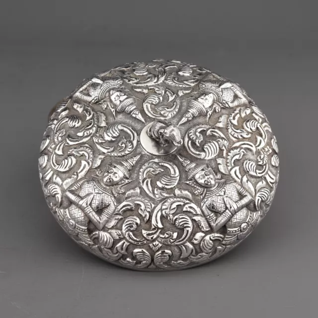 Antique Ornate Solid Sterling Silver Thai Thepanom Repousse Lidded Bowl.