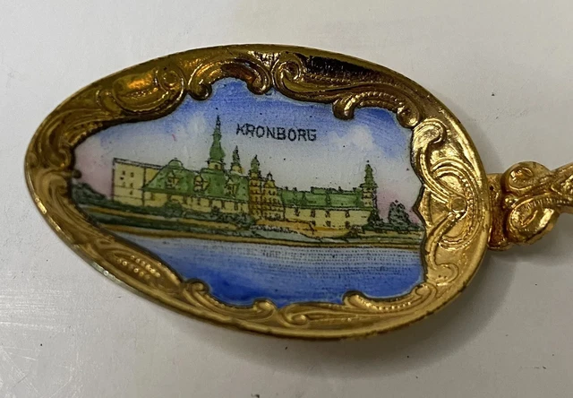 Souvenir Collectible Spoon Kronborg Castle Denmark /Danmark Gold Hand Painted