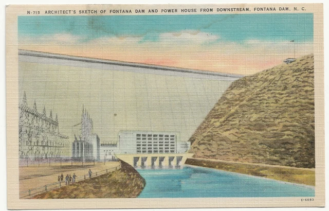 Fontana Dam & Power House From Downstream NC 1940s by Asheville Postcard Co