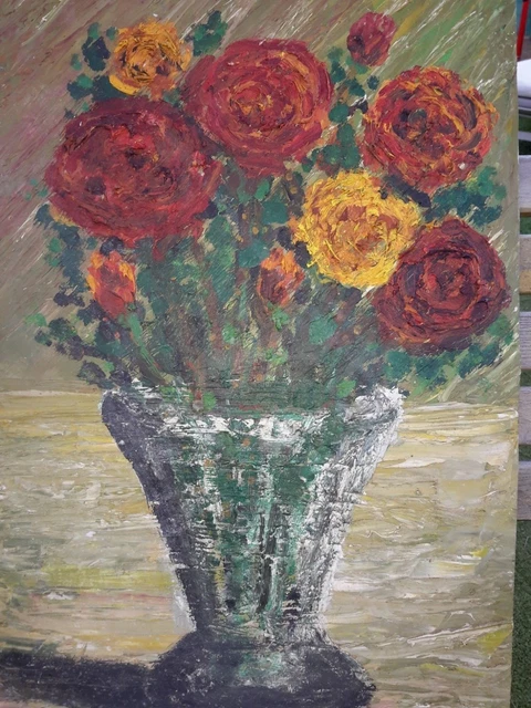 HUILE SUR TOILE Au Couteau Bouquet De Fleurs Dans Un Vase EUR 49,00 ...