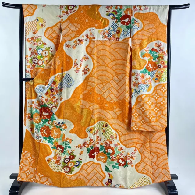 Japanese Silk Kimono Vintage Furisode Gold Peony Wave Flower Aperture Orange 64"