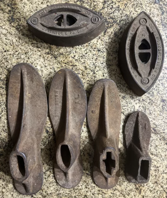 6 Pc- Antique Cast Iron Cobbler's Shoe Forms & Sad Irons