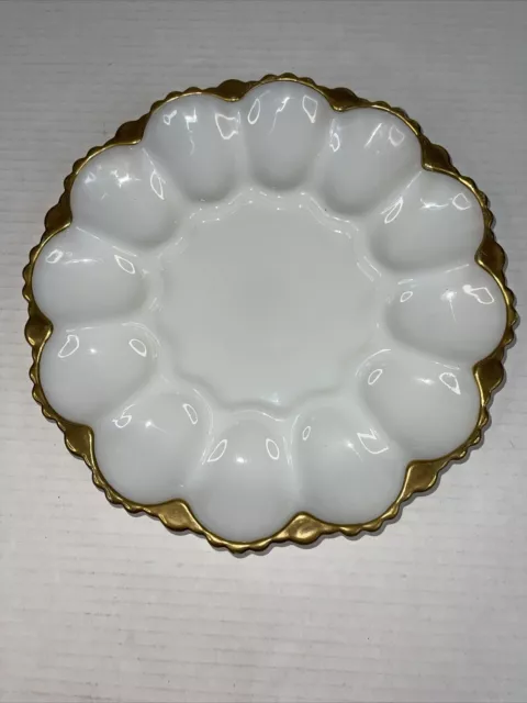 VTG Anchor Hocking White Milk Glass Deviled Egg Oyster Plate 22K Gold Trim