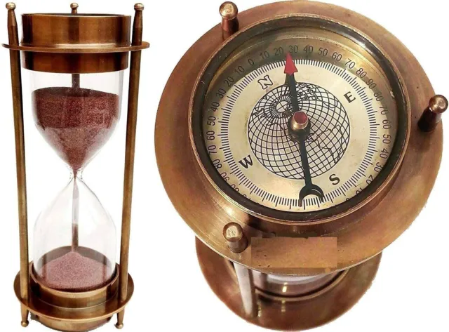 Sand Timer Compass Brass Both Side Antique Hourglass Maritime Collectible Item