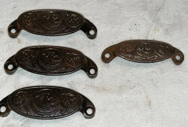 4 Antique Eastlake Victorian Fancy Cast Iron Drawer Bin Cabinet Pulls Handles